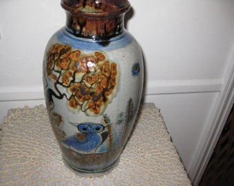 1987 BLUE And RUST VASE With Owls 13" Tall Asian Stoneware Ceramic Vase Tall Floral Vase Top Opening 4" Across Features Trees Ferns Owl