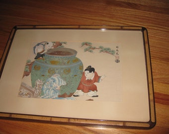 UCHIDA JAPANESE WOODBLOCK Framed In Original Celluloid Frame 14" x 20" Japanese Writing On Back Wood Tabs Lock In To Hold Woodblock In Frame