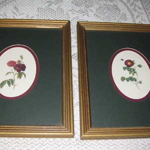 TWO WOOD FRAMES Double Oval Matt Dark Green  Burgundy Inner Border Glass 9 1/4&quot; X 11 1/4&quot; & 3  1/2&quot; X 4 3/4&quot; Inside The Oval Floral Prints