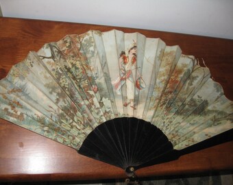 ANTIQUE HAND FAN Folding Fan Two Image Fan One Side Is Oriental Girl With Drum The Other Is A Dutch Girl Approx 23" Open 12 1/2" Long Closed