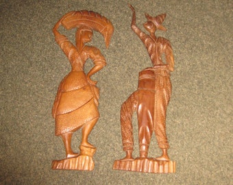 MID CENTURY CARVED Wooden Figures Wall Art Folk Art South American Peruvian Relief Wall Decor He Measures 24" Tall She Measures 22 3/4"