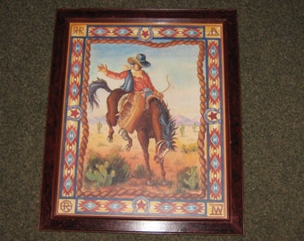 RODEO RIDER PRINT Vintage Rustic Dark Wood Frame 18 1/2" X 22 3/4" Cowboy Wall Art Western Wall Decor Framed Western Print
