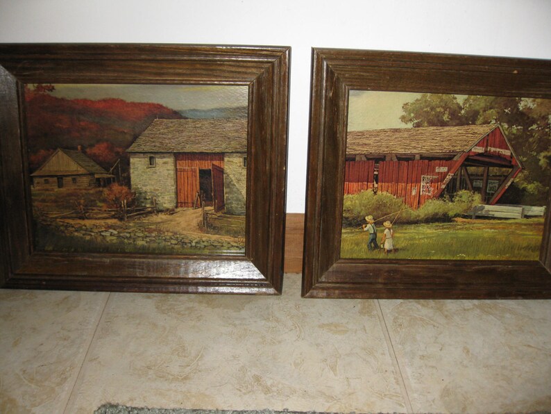 Mid Century Country Landscape Prints in Wood Frames 10 Etsy