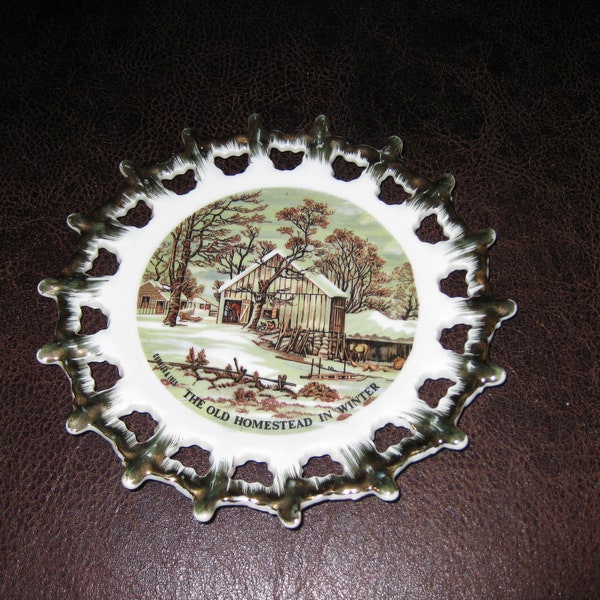 THE OLD HOMESTEAD In Winter Brinn's Pittsburgh Pa Collectible 8 1/4"  Wall Plate Made In Japan 1960s Goldtone Sawtooth Edge Original Label