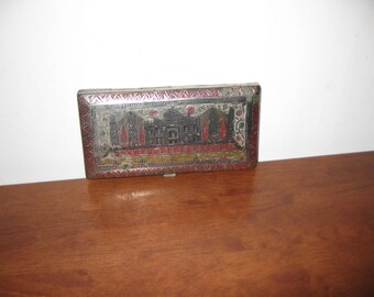 CIGARETTE CASE 1940s Taj Mahal Etched And Painted Silver Red & Black Metal Case Box Holder  6&quot; x 3&quot;&#39; Folk Art Trench Art WW 2  Hand Tooled