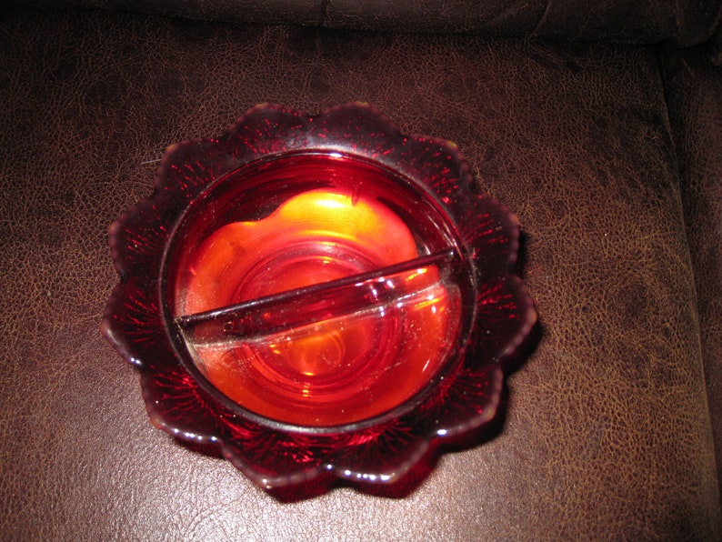 VINTAGE RUBY RED Two Sided Dish Compote On Silver Tone Metal Stand Art Deco 5 34 High 7 Across Top Antique Pedestal Dish