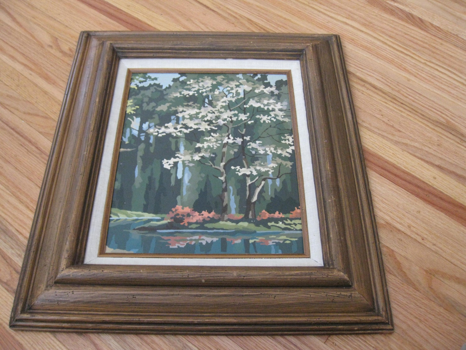 ORIGINAL PAINTING paint by Number in Hecho-en-mexico Distressed Walnut Frame  19 1/2 X 22 1/2 Forest Landscape Spring White Blossoms 