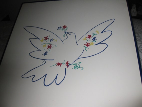 PICASSO'S DOVE With Flowers Print Art Poster Blue Metal