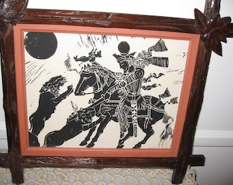 SIGNED PEN and INK Drawing 1921-Adirondack Frame 13" X 10 1/2" Warrior On Horseback Fighting Lions Black and White Original Drawing