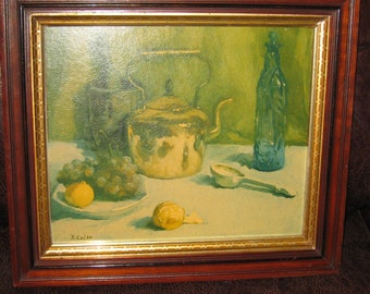 STILL LIFE TEXTURED Print 1968 Artist R Colao Signature Part Of Print Not Hand Signed Antique Wood Frame 15 1/8" x 13 1/4" Bubbles In Glass