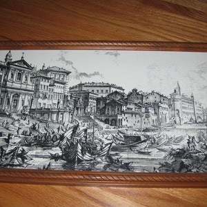 EUROPEAN CANAL TRADING Vintage Black And White Print In Decorative Wood Rope Bordered Frame 23&quot; x 13&quot; Venetian Canal Landscape Wall Art