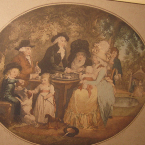 A TEA PARTY ANTIQUE Engraving By F.D. Soiron (1764-1795) From Painting By George Morland (1763-1804) 20" x 18" Original Wood Frame