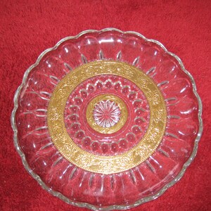 ANTIQUE DISH Clear Glass with Gold Trim, Thumbprint Design 10 Across image 3