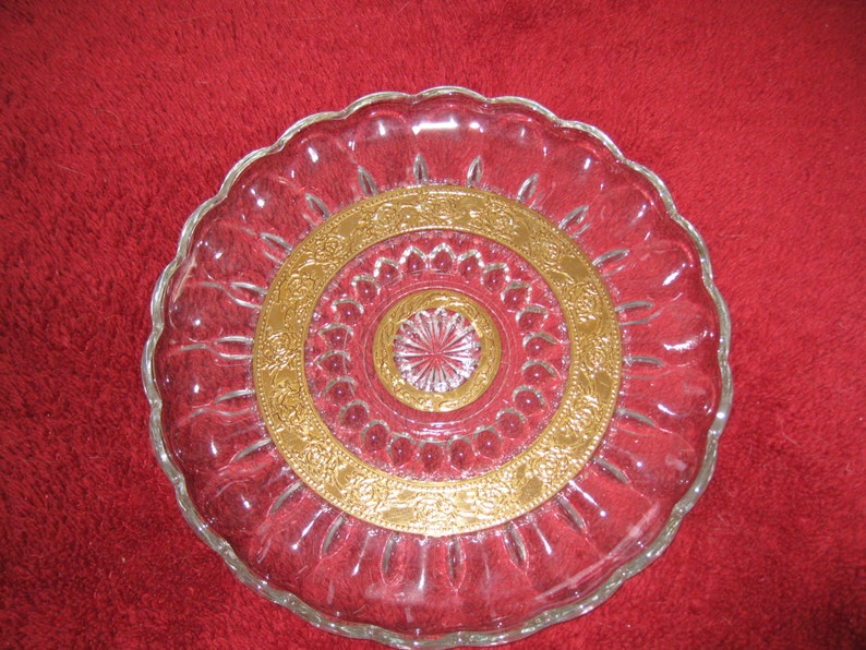 ANTIQUE DISH Clear Glass with Gold Trim, Thumbprint Design 10 Across image 3