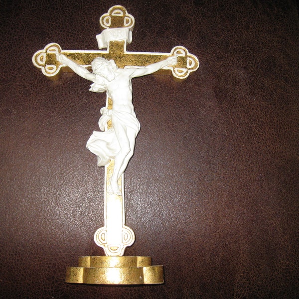 STANDING CRUCIFIX WHITE Corpus Gold Cross Molded Resin 13 3/8" High 8 1/8" Across Spirituality Religious Home Decor Christian Gift