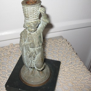 ANTIQUE FIGURAL CANDLESTICK-Bronze Child Holding Basket 10&quot; High