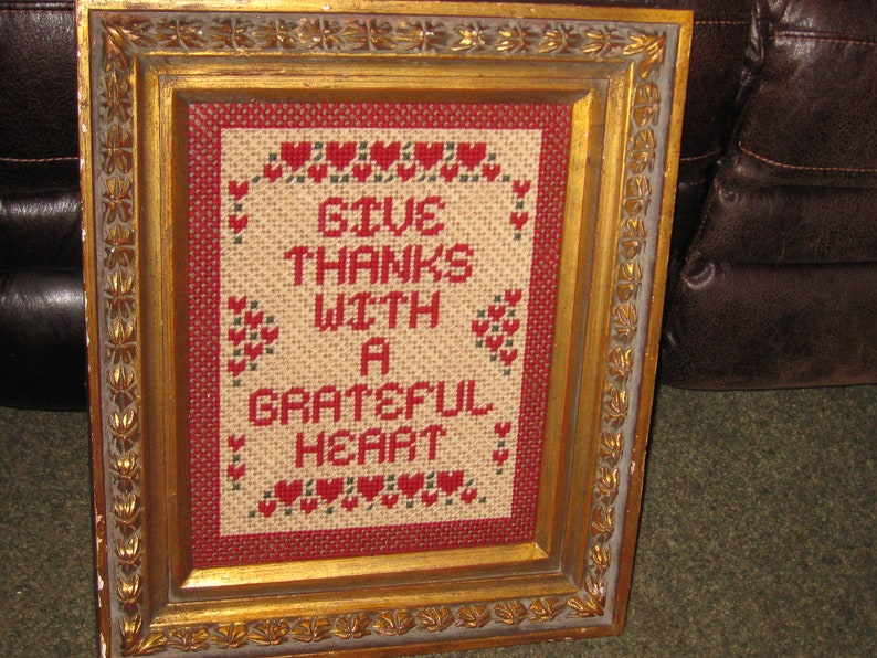 GIVE THANKS WITH A Grateful Heart Framed Completed Vintage Needlepoint Goldtone Wood Frame Decorative Raised Top Trim Design 16 x 19 x 2
