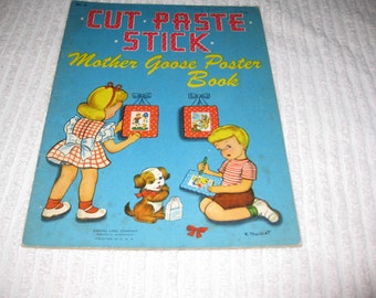 MOTHER GOOSE Cut Paste Stick Poster Soft Cover Booklet 1940s Samuel Lowe Company Kenosha Wisconsin Soft Cover Child's Book Approx 8 pages