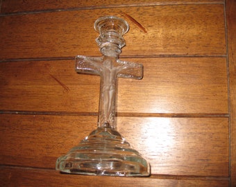 CLEAR AND FROSTED Glass Cross Candle Holder 7 1/4&quot; Tall  Octagon Base 3 1/2&quot; Frosted Corpus Textured Cross Clear Base And Top
