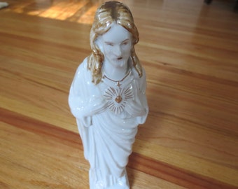 CERAMIC JESUS STATUE Made In Brazil Marked On Bottom Statue Is White And Gold Measures 11" High