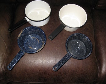 FOUR ENAMELWARE SAUCE Pots Two Black And White One Blue Speckled One Black Speckled Small Kitchen Pots With Wear Chips And Scratches