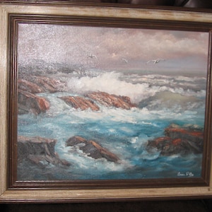 OIL PAINTING ON Canvas Beautiful Seascape Crashing Waves On A Rocky Shore Canvas On Stretcher Frame Inside Custom Wood Frame 20 1/2&quot; x 24&quot;