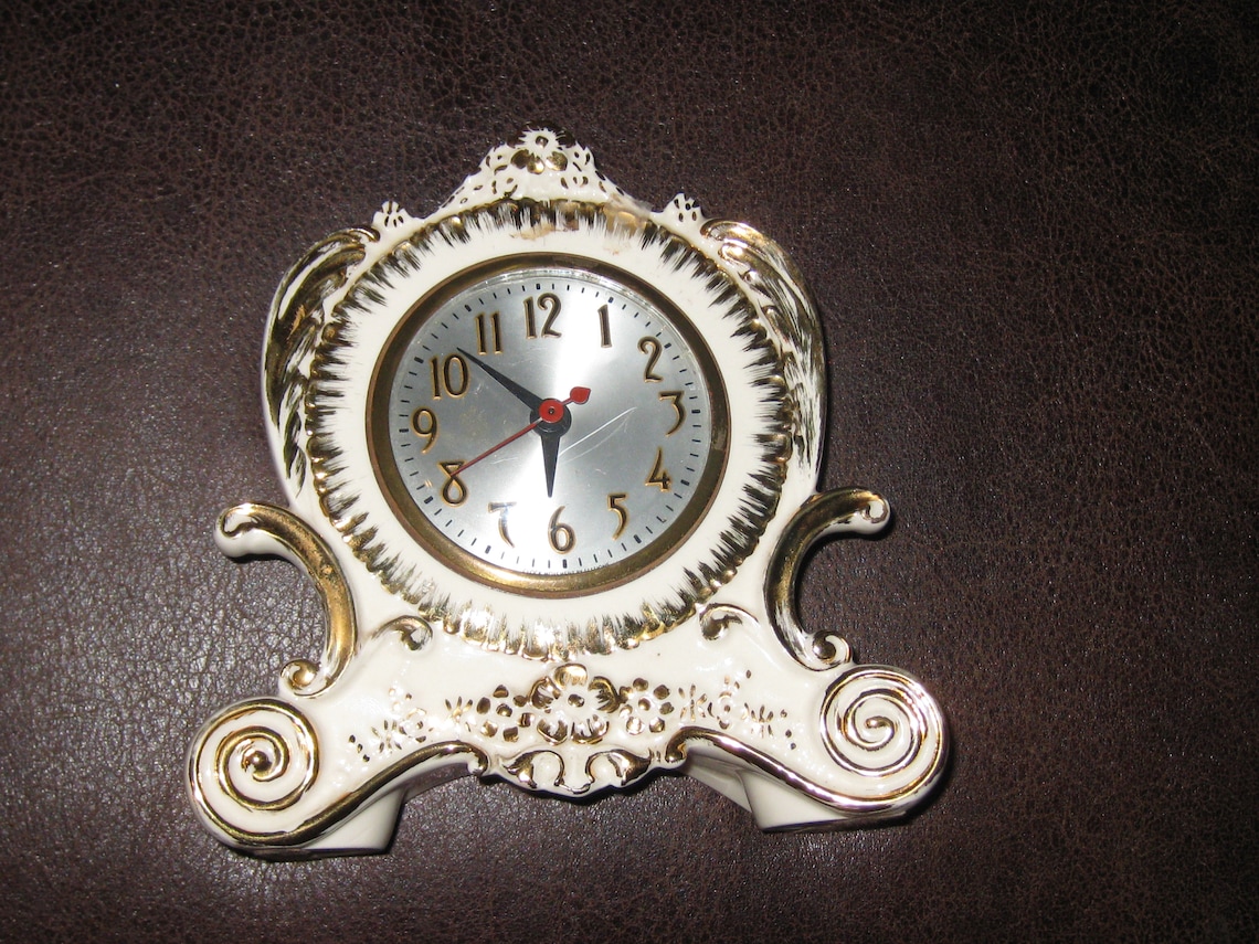 WHITE CERAMIC CLOCK Gold Trimmed Front Convex Glass Cover Etsy