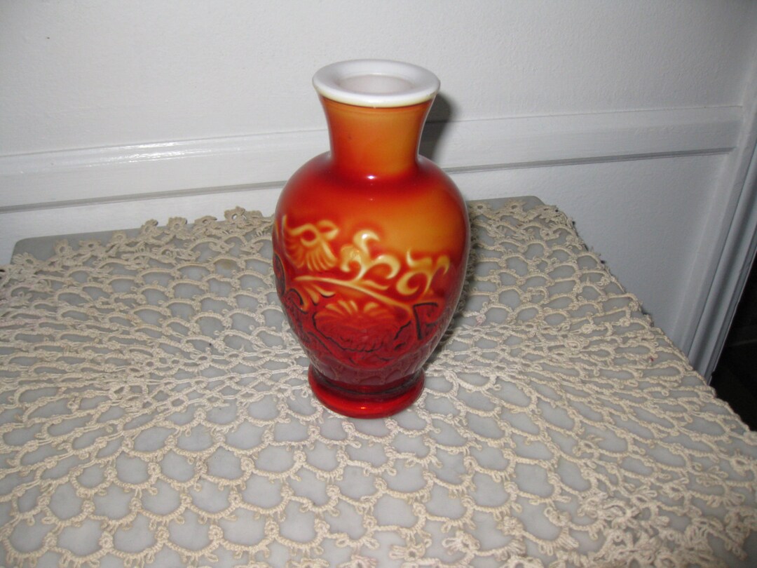 ORIENTAL STYLE VASE Glass Covered in Hard Gel Like Material Red Orange
