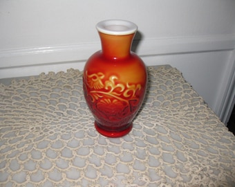 ORIENTAL STYLE VASE Glass Covered In Hard Gel Like Material Red Orange Color 6 3/4" High Good For Small Floral Display Great Gift