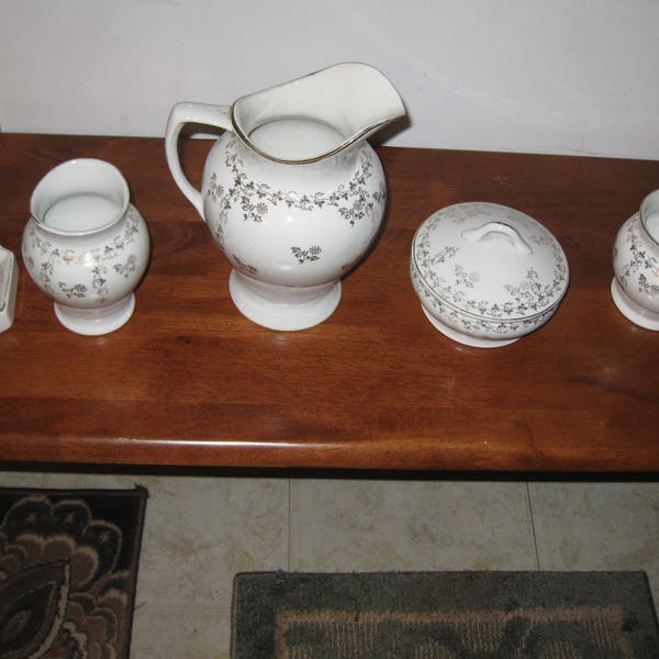 Homer Laughlin Antique Lavatory Set 5 Pieces White & Gold Trim Soap Dish Hair Receiver Pitcher Shaving Mug Hair Receiver