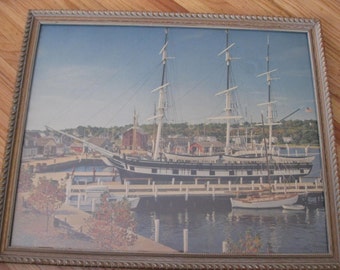 VINTAGE FISHING VILLAGE Print Corp. A Fox 1960 Original Wood Frame 17 1/2" x 21 1/2" Grey Weathered With Decorative Border Gold Highlights