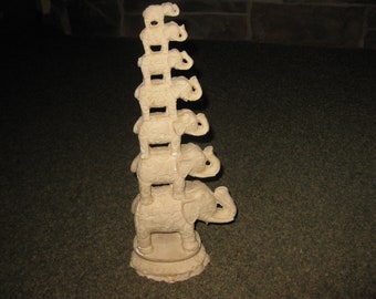 STACKING ELEPHANT STATUE 7 Graduated Size Standing On Elephant Below Trunks Turned Up 15 3/4" High 6 1/4" Wide 3 1/4" Deep Stone Material