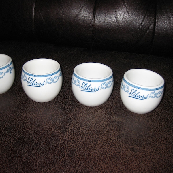 SCAMMELL'S TRENTON CHINA Restaurantware Cups Marked "Silvers" The Cups Are 2 3/8" High And 2 1/2" Across Top Name & Design At Top Blue
