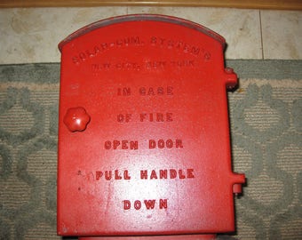 Vintage Red Cast Iron Fire Call Box Solar-Com. Systems New City, New York 16" High x 9 1/2" x 8 1/2" Red With Embossed Lettering