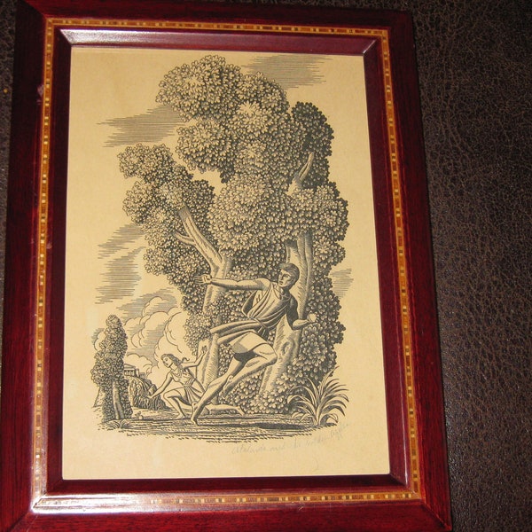 ATALANTA AND THE Golden Apple Black & Beige Vintage Book Engraving Cherry Wood Frame Inlaid Wood Border 8 1/8" x 6 1/4" Mythology Figures