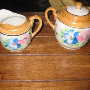 VINTAGE LUSTERWARE CREAM And Covered Sugar Bowl Made In Japan Large Blue And Pink Floral Design Sugar Bowl 4 1/2&quot; With Lid Creamer 3 1/2&quot;