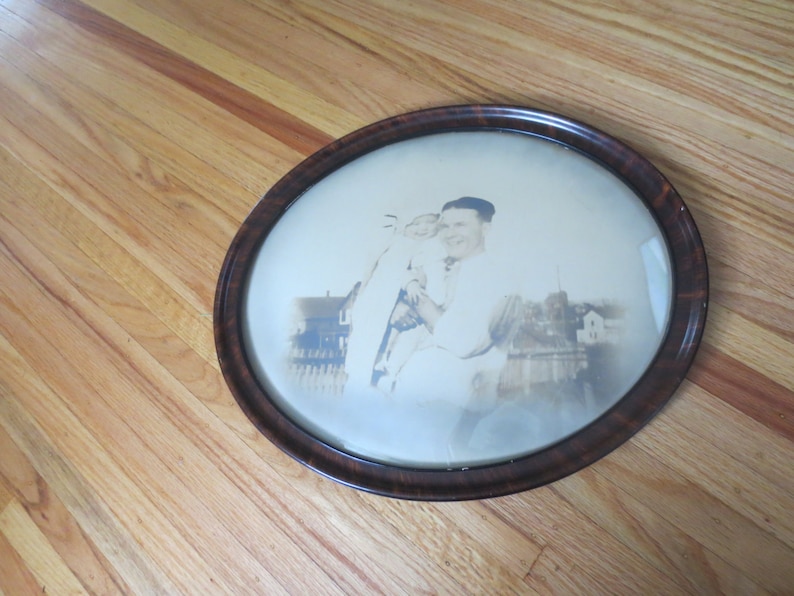 ANTIQUE OVAL FRAME Convex Glass Father And Baby Antique Photograph Houses In Background 18 x 15
