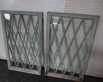Local Pick Up 1800s DIAMOND SHAPED WINDOWS From House In Rochester N Y Wood One Side Green Paint Other 27 3/4" x 44 1/2" Original Wavy Glass
