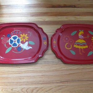 RED METAL TRAYS Hand Painted Folk Art Red Enamel 50s-60s Mid Century Serving/Display/Decorative Trays 11&quot; x 16 1/2&quot;