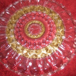 ANTIQUE DISH Clear Glass with Gold Trim, Thumbprint Design 10 Across image 4