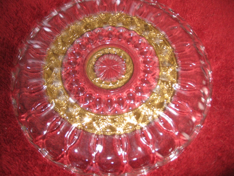 ANTIQUE DISH Clear Glass with Gold Trim, Thumbprint Design 10 Across image 4