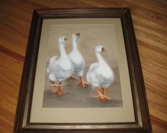 ORIGINAL PASTEL DRAWING Signed Christine 3 White Geese In 22" x 28" Wood Frame Beige Mat Non Glare Glass Great For House On Pond Farm House