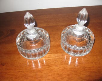 ANTIQUE CLEAR GLASS Art Deco Perfume Bottles With Stoppers Each Has Two Seams In The Glass Measure 3" Across Bottom 3" High 4" With Stopper