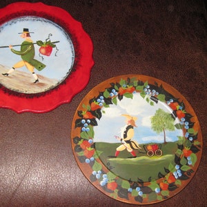 WOODEN FOLK ART Painted Plates Strawberry Themed 9 1/2" Prize Strawberry By Liz & Strawberry Bindle Signed Doms Colonial German Men