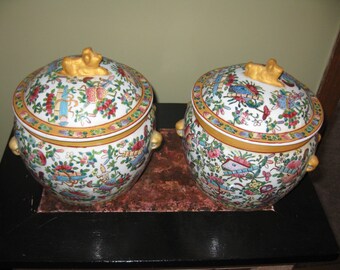 Two Chinese Covered Ginger Jars Foo Dog On Lid 8 1/2" High With Lid 6' Without 7" Across Chinese Makers Mark On Bottom Ceramic Asian Jars