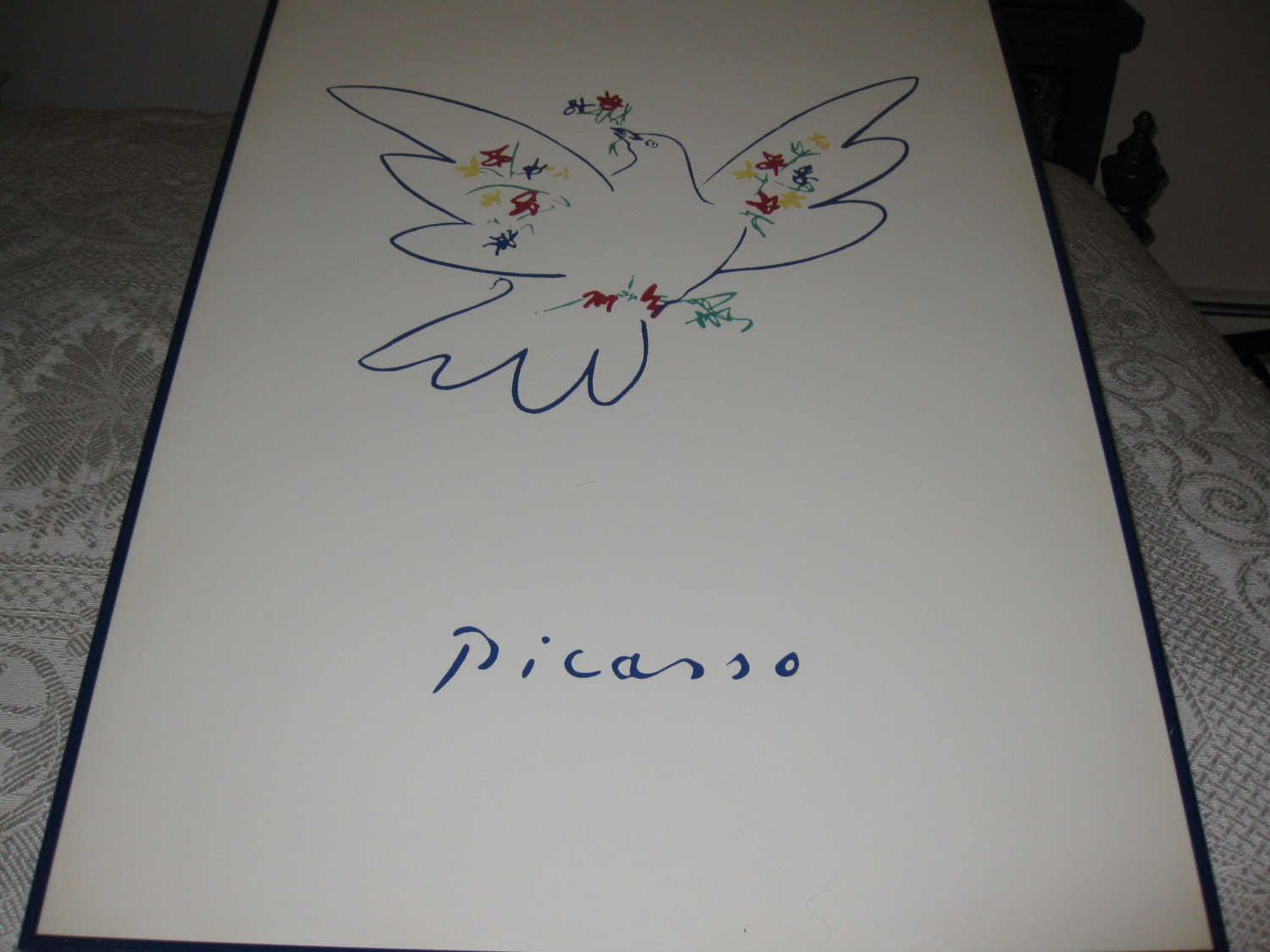 PICASSO'S DOVE With Flowers Print Art Poster Blue Metal
