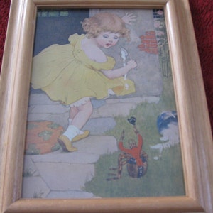 LITTLE MISS MUFFET Antique Print In Light Finish Wood Frame 6 1/2&quot; X 9&quot; Little Girl With Spoon In Hand Spider In Red By The Steps