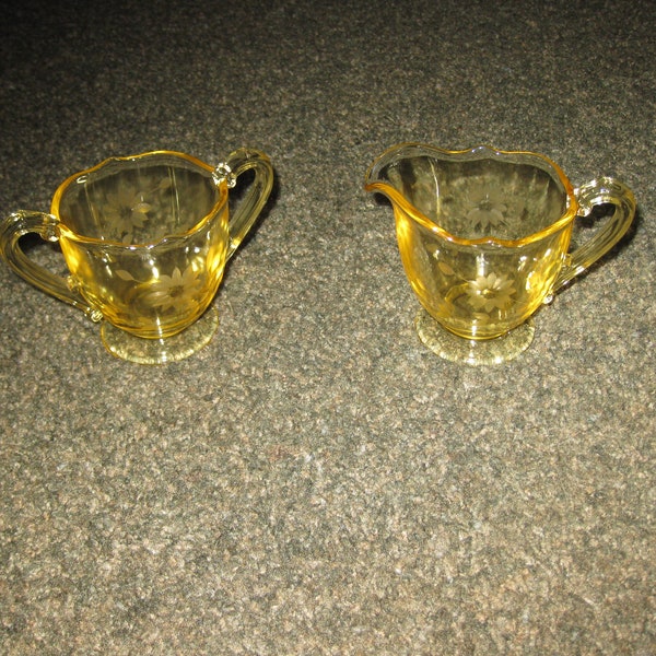 LANCASTER GLASS CO. Yellow Depression Etched Glass Creamer and Open Sugar Jubilee Pattern Footed Vintage Dining, Serving Great Gift