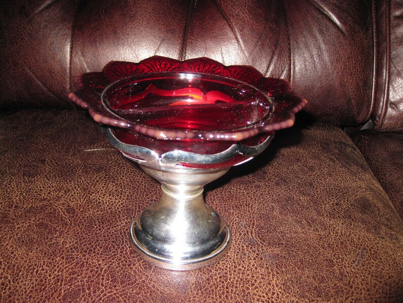 VINTAGE RUBY RED Two Sided Dish Compote On Silver Tone Metal Stand Art Deco 5 34 High 7 Across Top Antique Pedestal Dish
