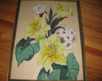 ANTIQUE FLORAL COLLAGE Hand Painted Cut Out Flowers On Off White Background Antique Wood Frame Measures 14 3/4" x 19" Victorian Wall Art